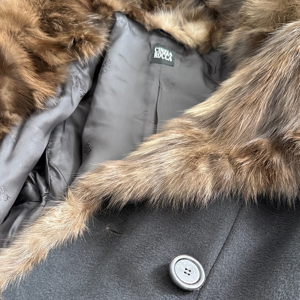 Cinzia Rocca Black Cashmere/Angora Wrap Coat with Brown Sable Fur Collar/Hood - Picture 10 of 10